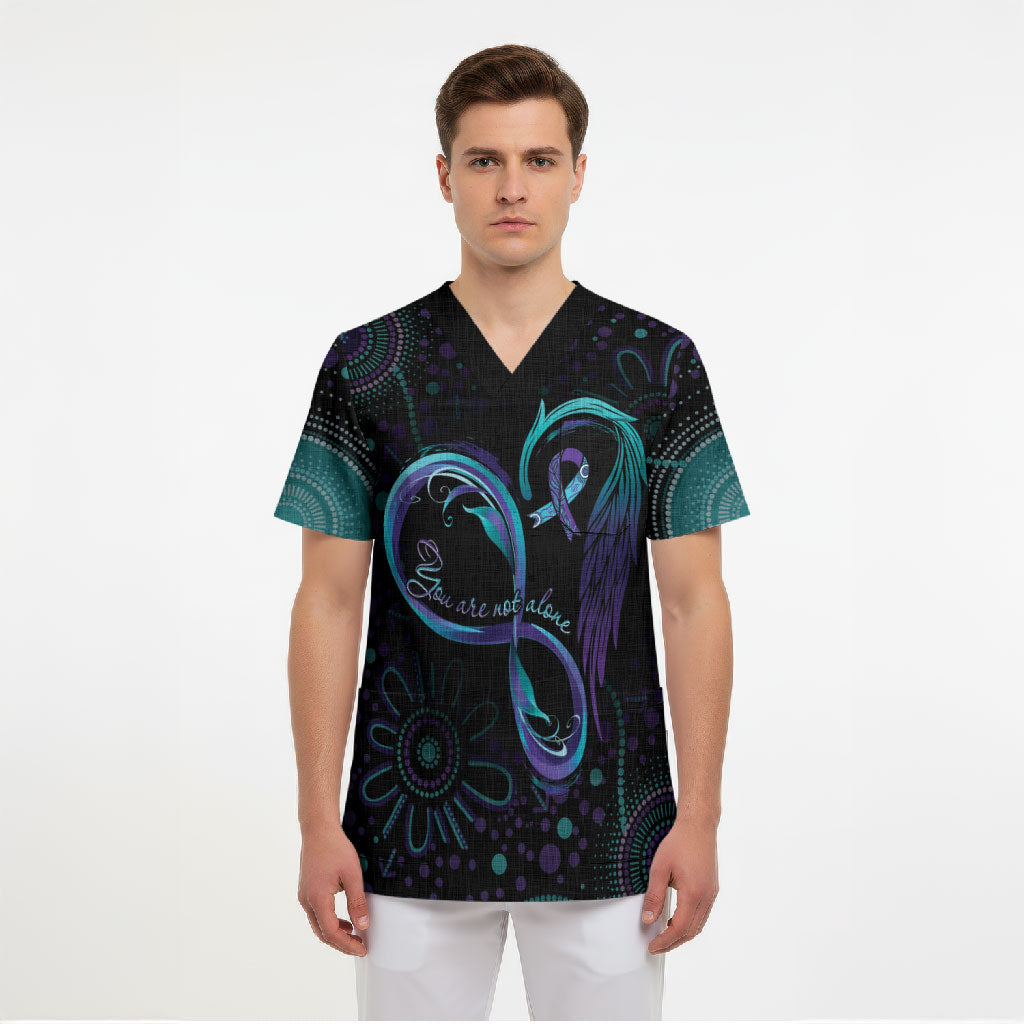 Personalized Australia Indigenous Infinity Heart Scrub Top Purple Teal Ribbon You Are Not Alone