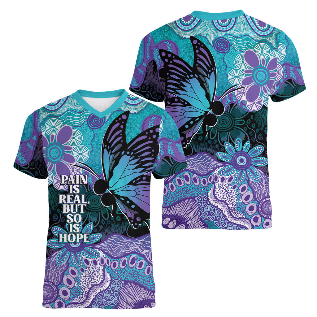 Australia Indigenous Teal Purple Contemporary Aboriginal Art Women V-Neck T-Shirt Hope Is Real