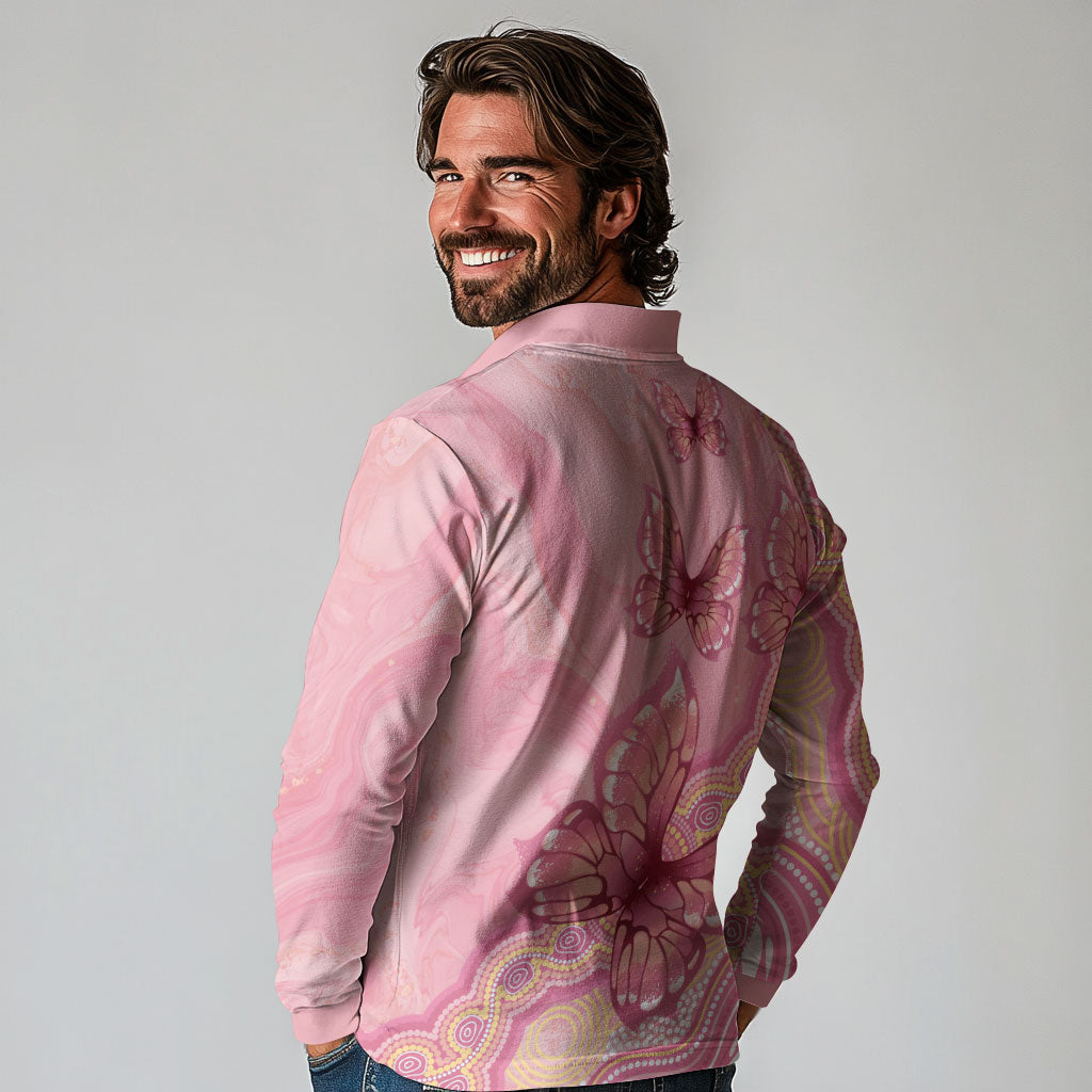 Dreamy Butterfly Collar Australia Breast Cancer Pink Long Sleeve Polo Shirt Indigenous Art
