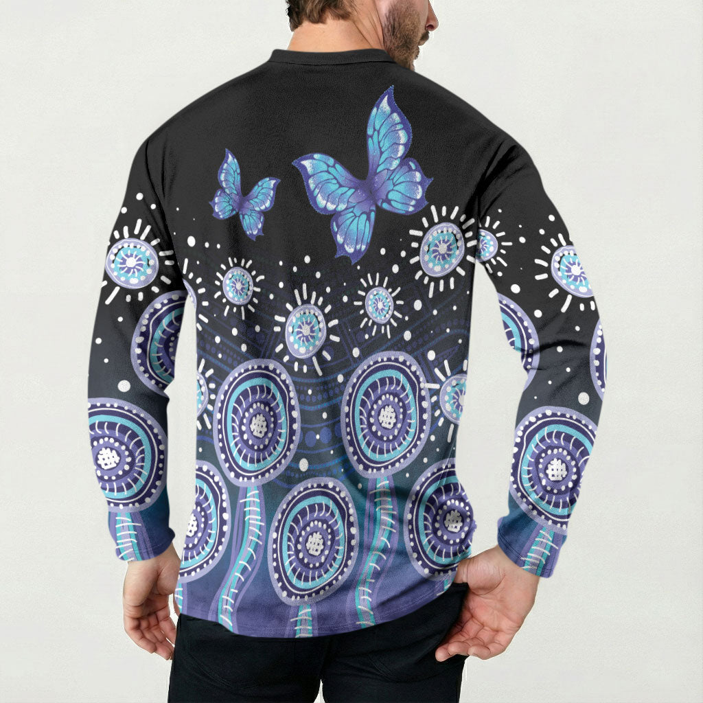 Dreamy Butterfly Collar Australia Purple Teal Hopeful Sky Button Sweatshirt Indigenous Aboriginal Art