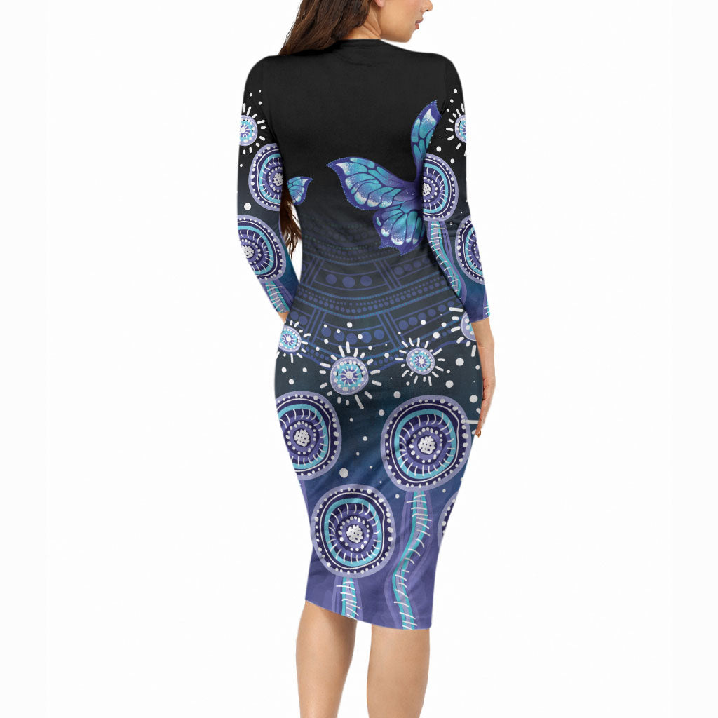 Dreamy Butterfly Collar Australia Purple Teal Hopeful Sky Long Sleeve Bodycon Dress Indigenous Aboriginal Art