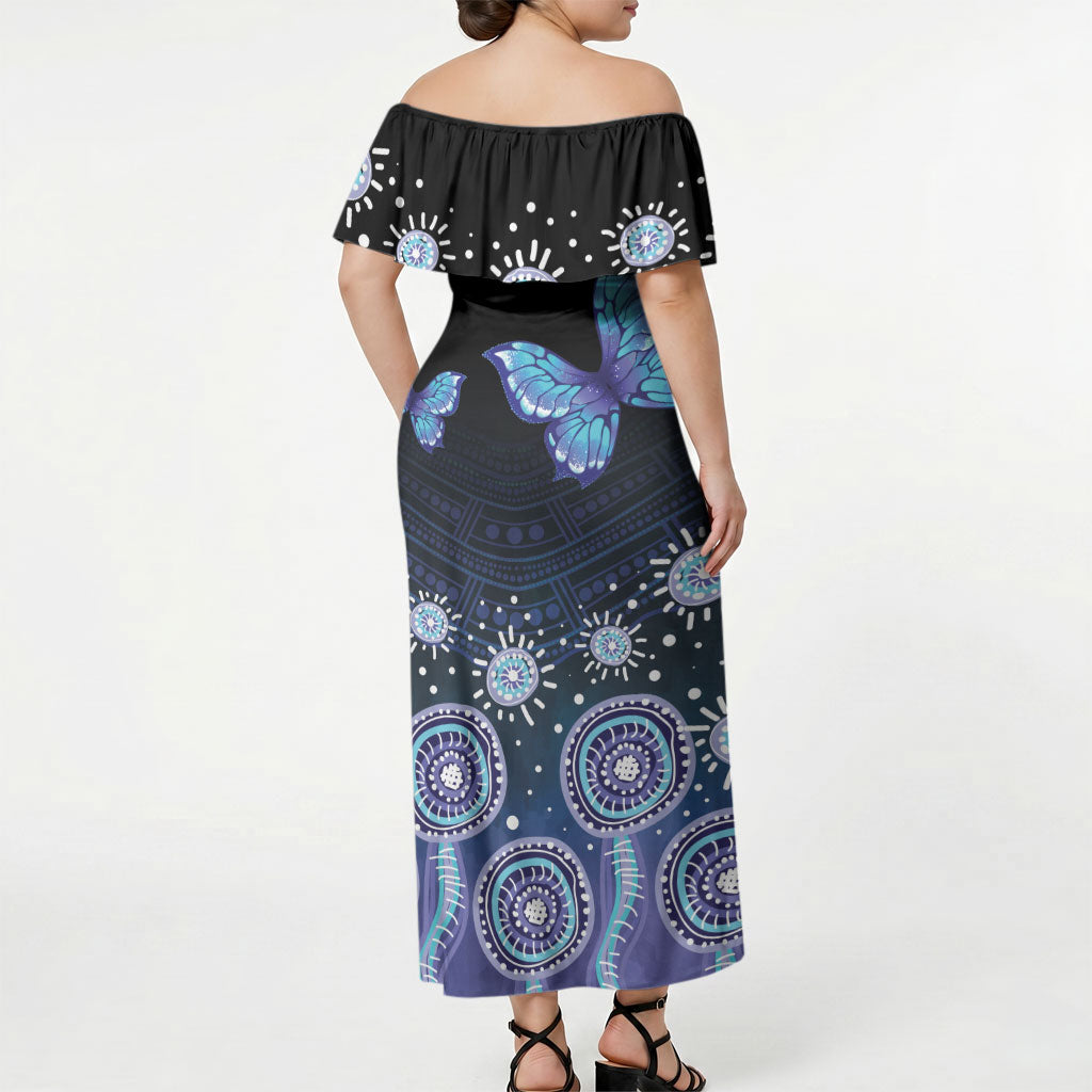 Dreamy Butterfly Collar Australia Purple Teal Hopeful Sky Off Shoulder Maxi Dress Indigenous Aboriginal Art