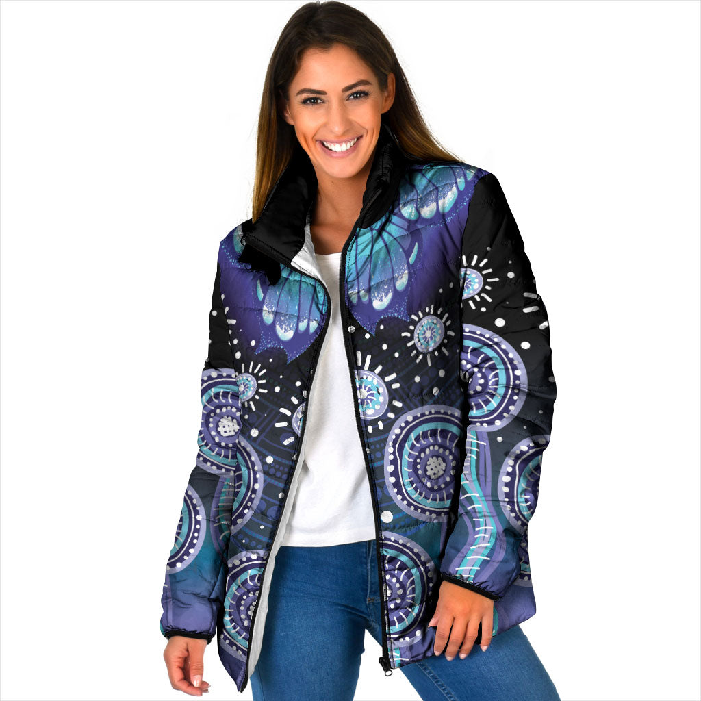 Dreamy Butterfly Collar Australia Purple Teal Hopeful Sky Padded Jacket Indigenous Aboriginal Art