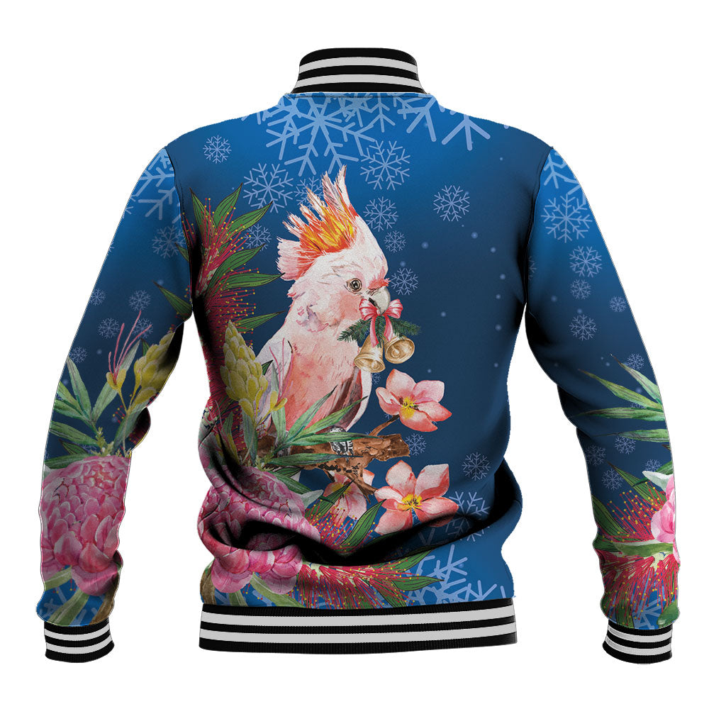 Australia Christmas Pink Cockatoo with Banksia Baseball Jacket Snowy Blue