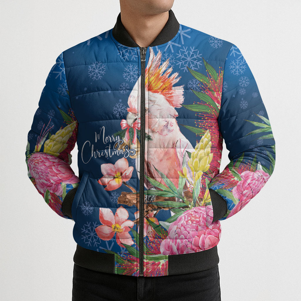 Australia Christmas Pink Cockatoo with Banksia Bomber Puffer Jacket Snowy Blue