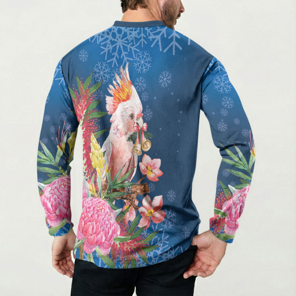 Australia Christmas Pink Cockatoo with Banksia Button Sweatshirt Snowy Blue