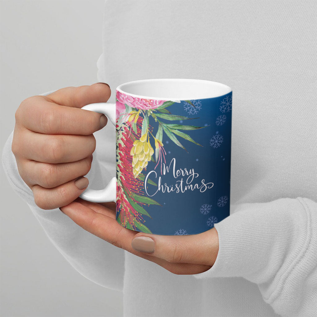 Australia Christmas Pink Cockatoo with Banksia Ceramic Mug Snowy Blue