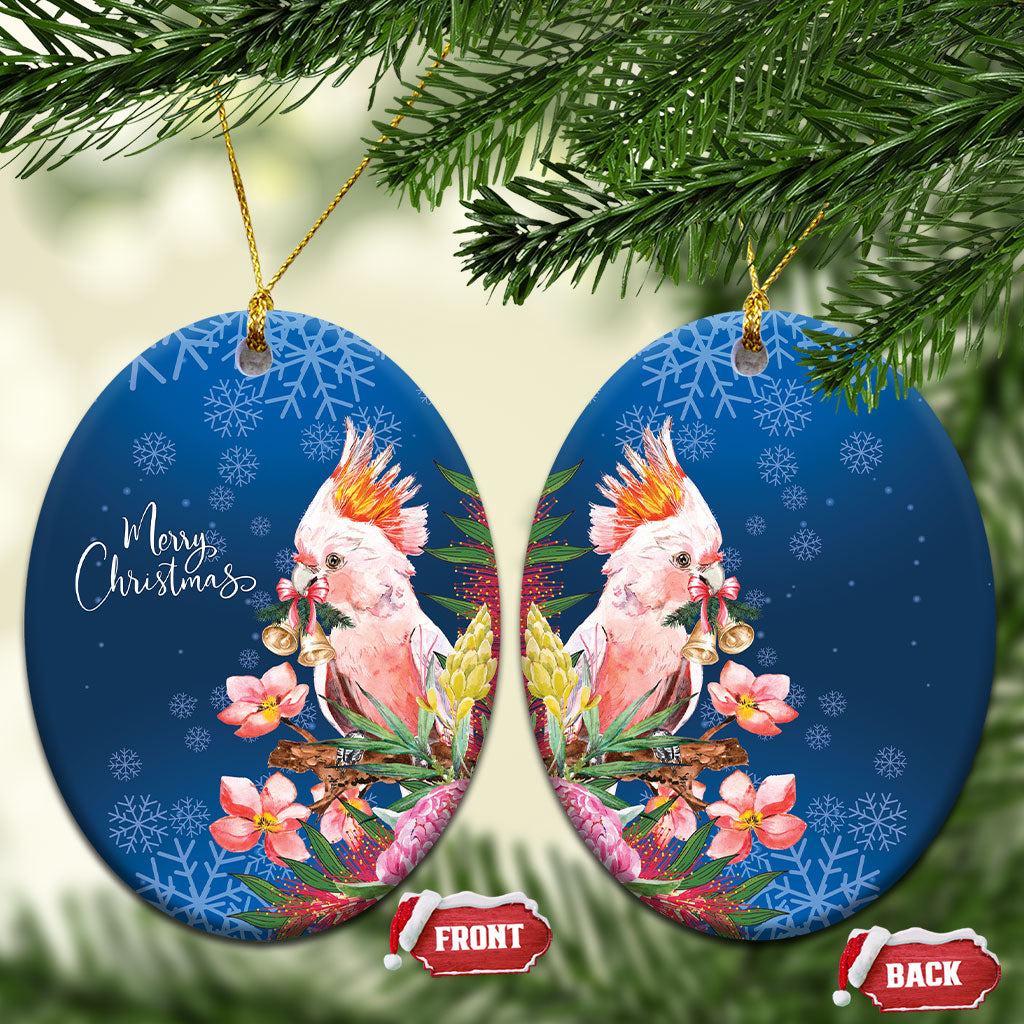 Australia Christmas Pink Cockatoo with Banksia Ceramic Ornament Snowy Blue