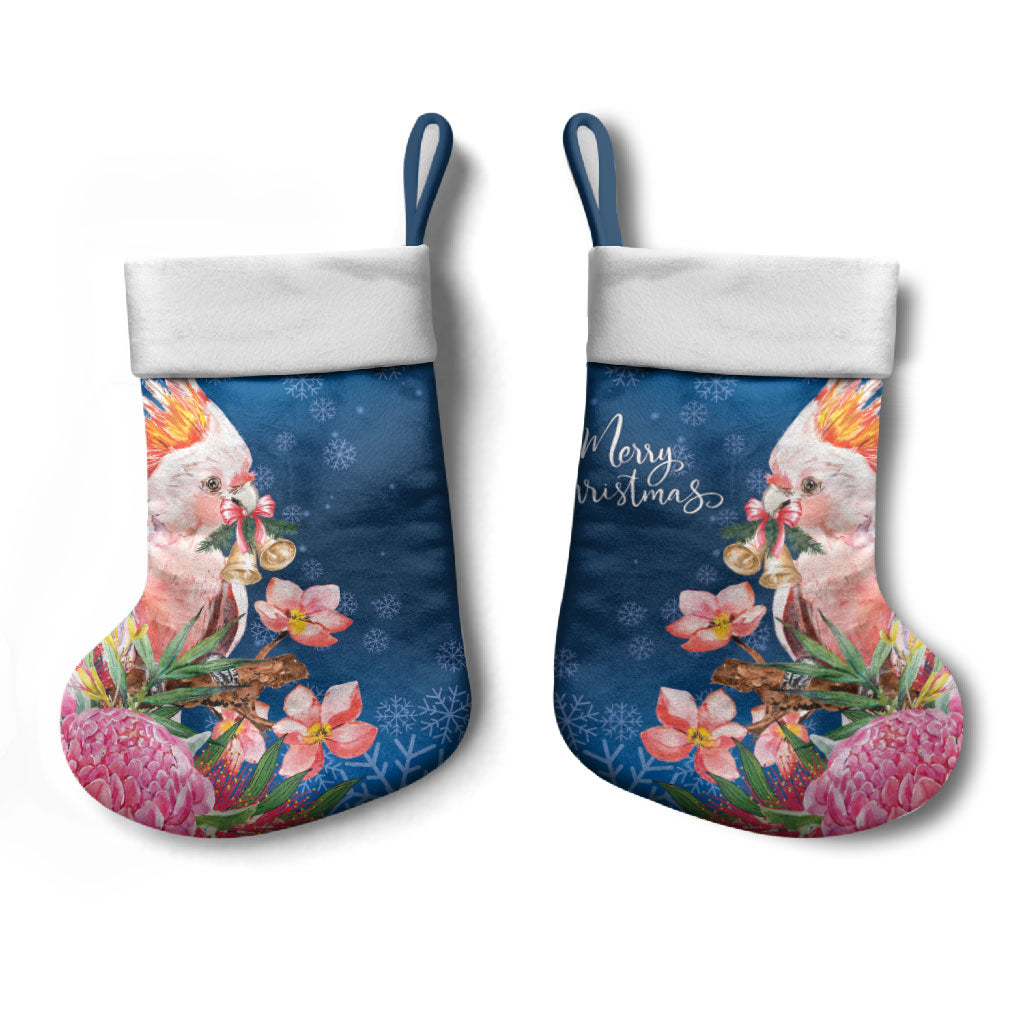 Australia Christmas Pink Cockatoo with Banksia Christmas Stocking Snowy Blue