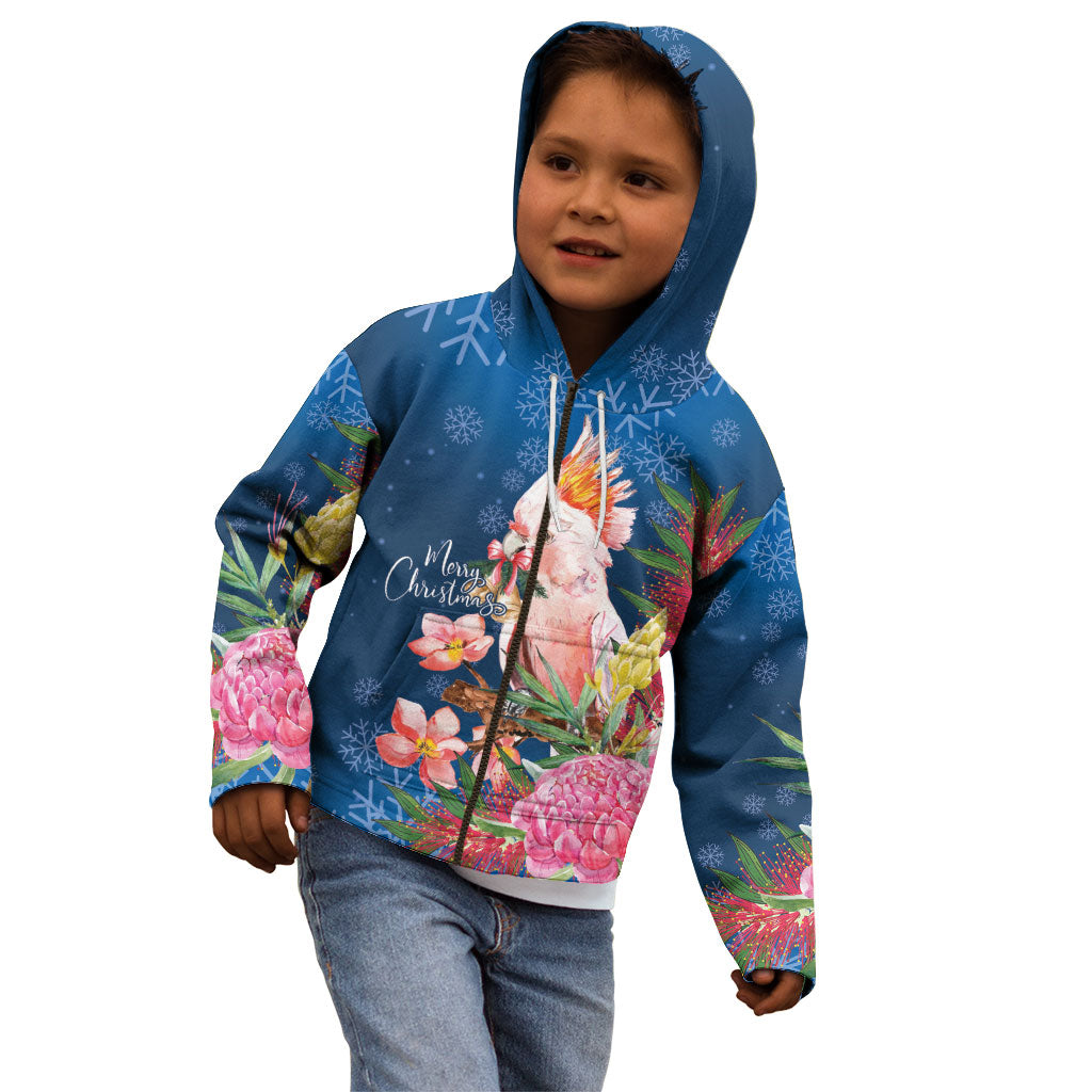 Australia Christmas Pink Cockatoo with Banksia Kid Hoodie Snowy Blue