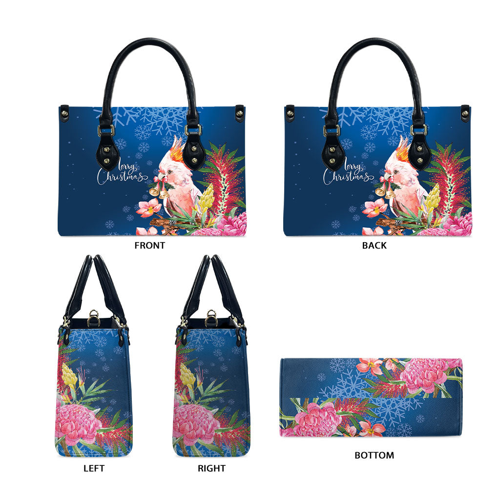 Australia Christmas Pink Cockatoo with Banksia Leather Bag Snowy Blue