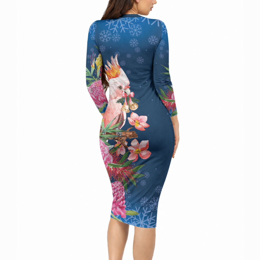 Australia Christmas Pink Cockatoo with Banksia Long Sleeve Bodycon Dress Snowy Blue