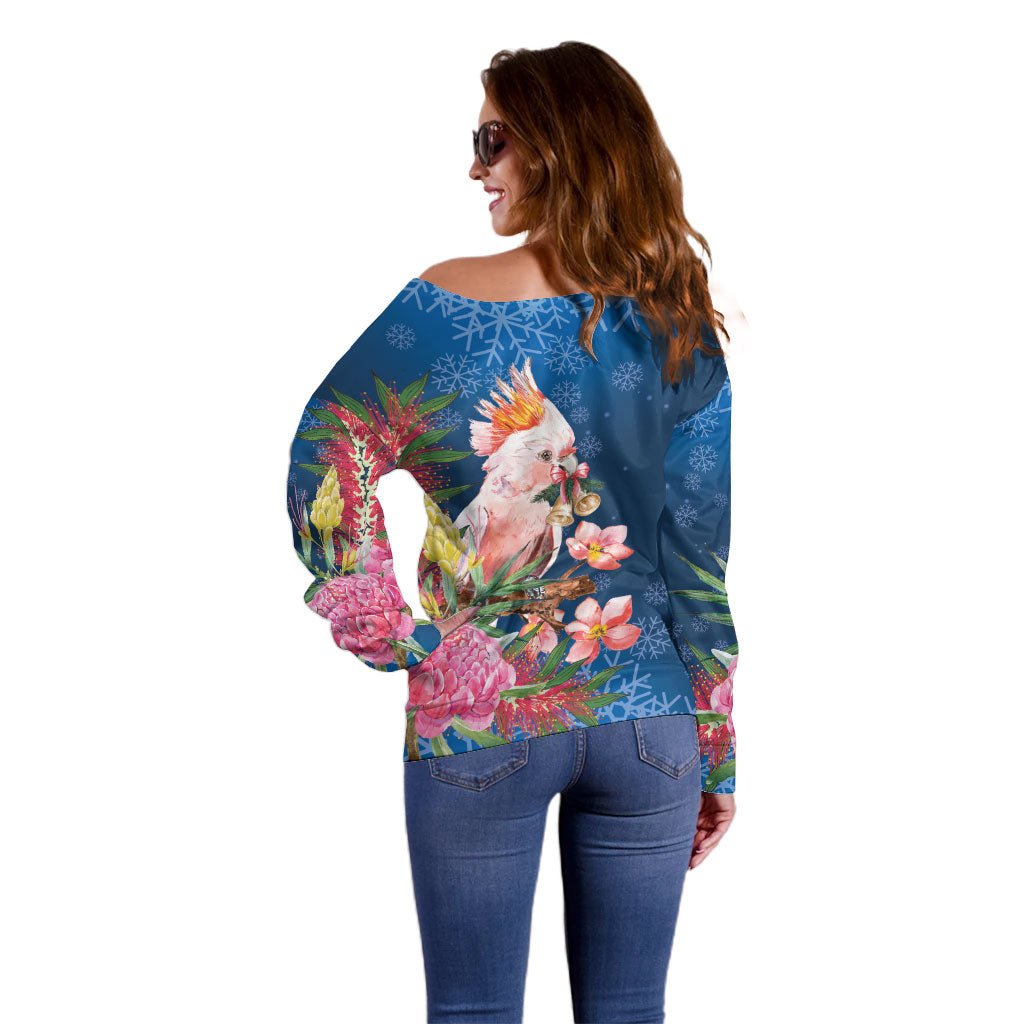 Australia Christmas Pink Cockatoo with Banksia Off Shoulder Sweater Snowy Blue