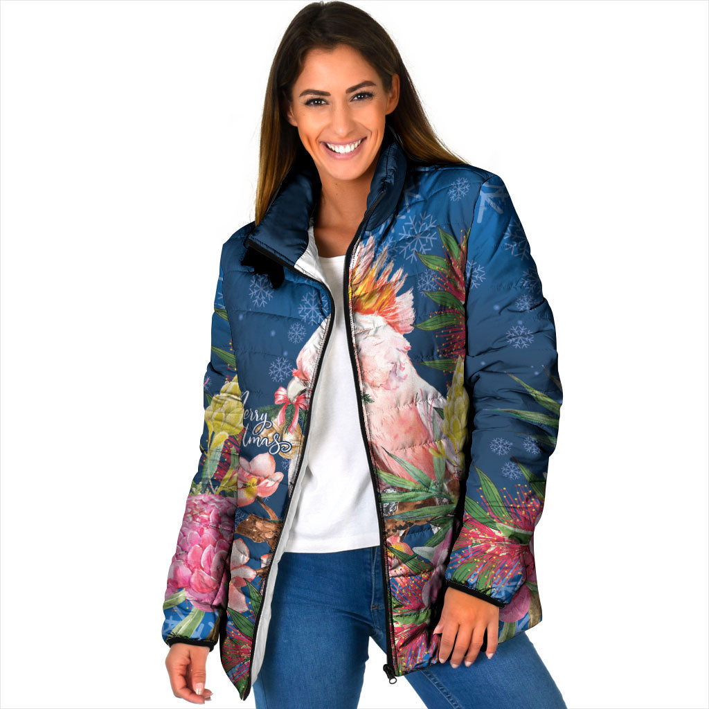 Australia Christmas Pink Cockatoo with Banksia Padded Jacket Snowy Blue