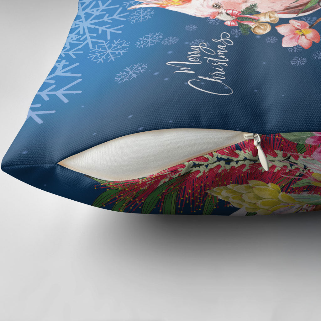 Australia Christmas Pink Cockatoo with Banksia Pillow Cover Snowy Blue