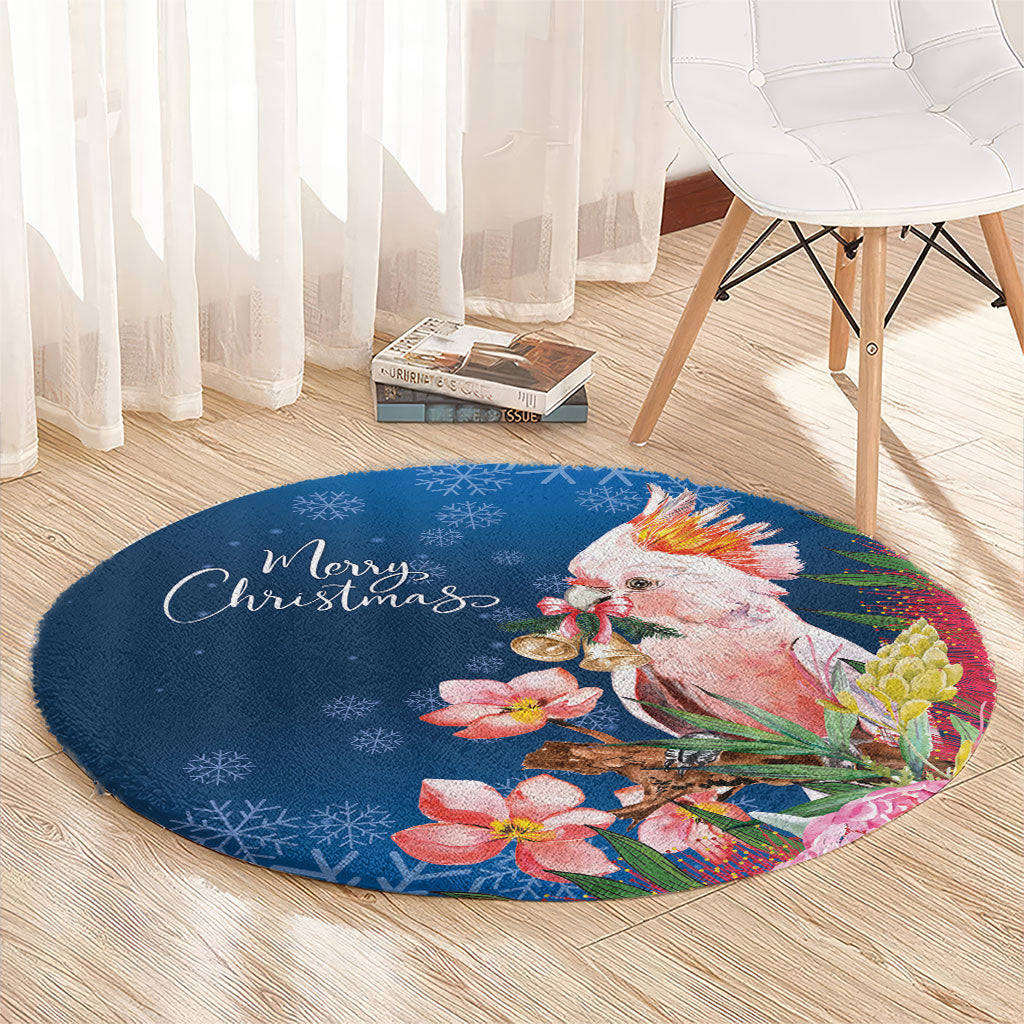 Australia Christmas Pink Cockatoo with Banksia Round Carpet Snowy Blue