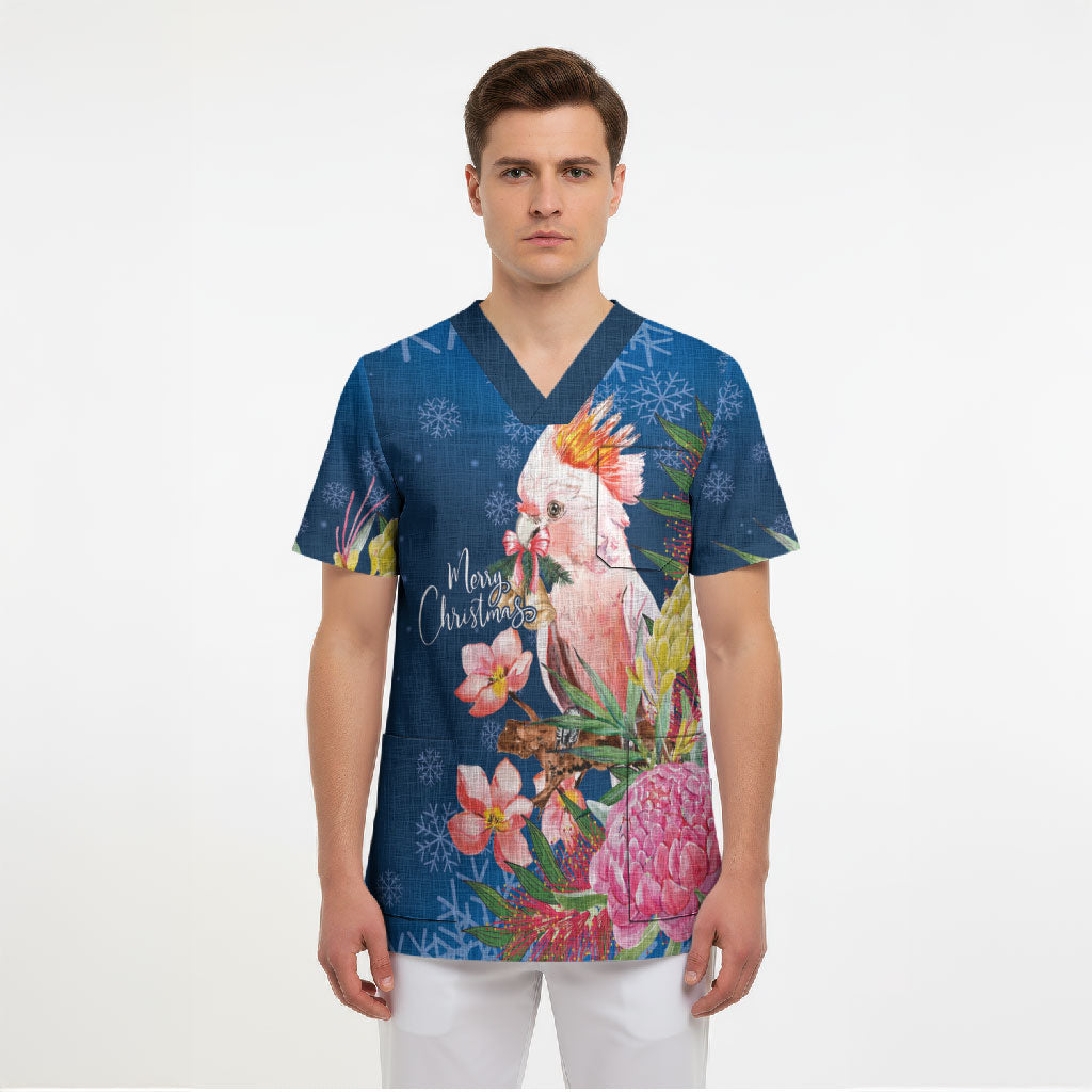 Australia Christmas Pink Cockatoo with Banksia Scrub Top Snowy Blue