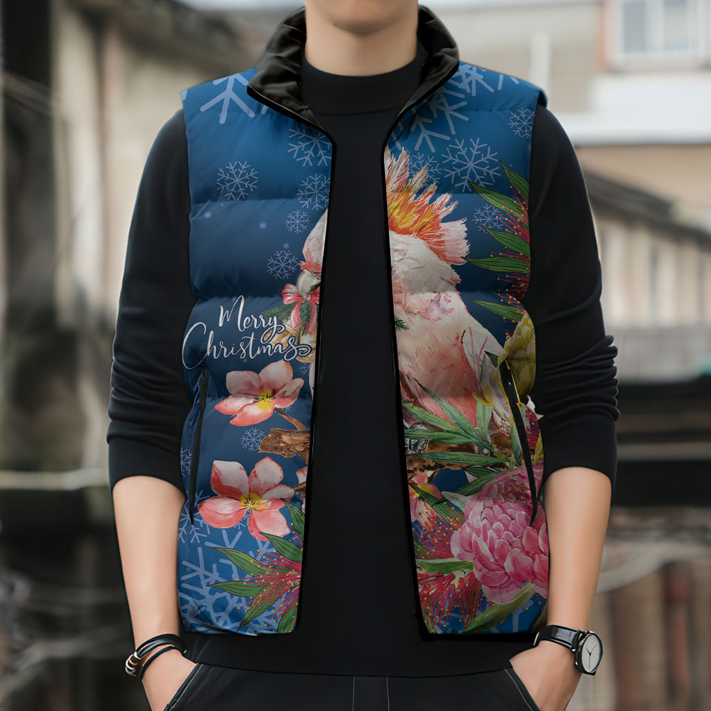 Australia Christmas Pink Cockatoo with Banksia Sleeveless Puffer Jacket Snowy Blue