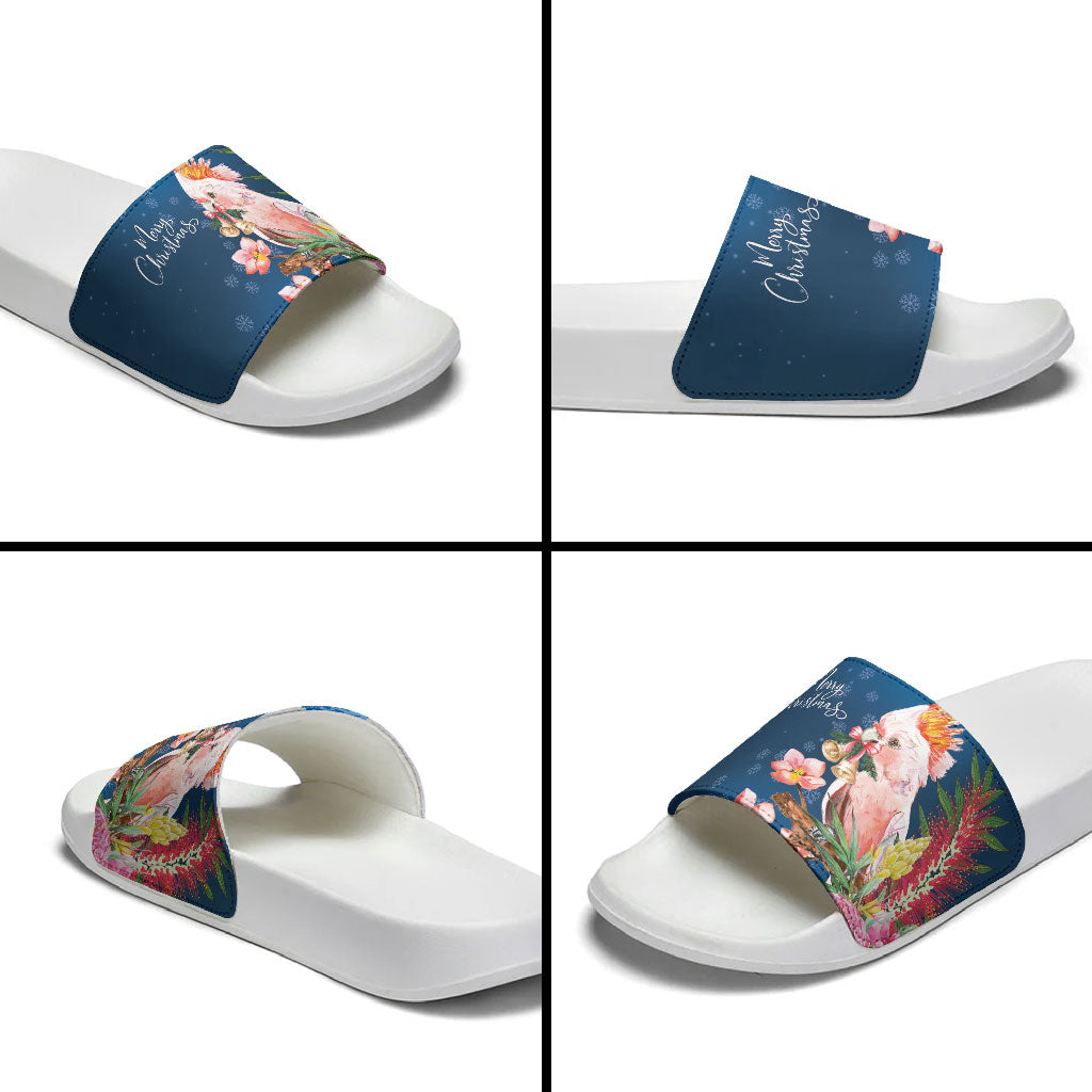Australia Christmas Pink Cockatoo with Banksia Slide Sandals Snowy Blue