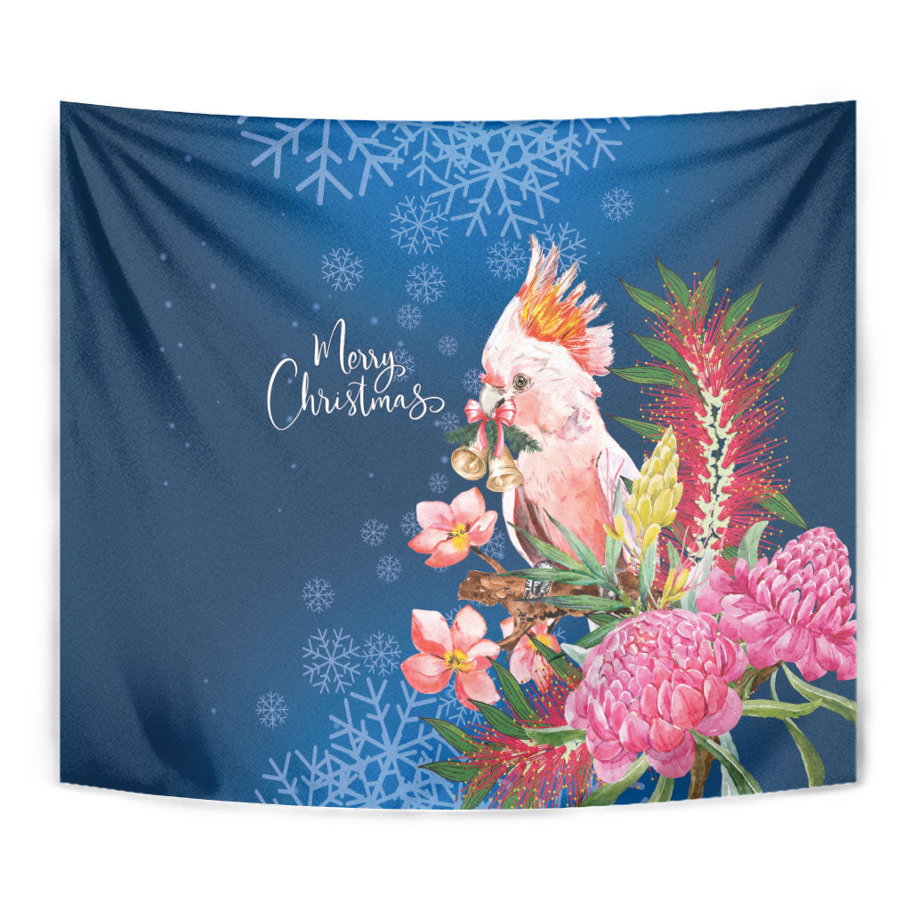 Australia Christmas Pink Cockatoo with Banksia Tapestry Snowy Blue