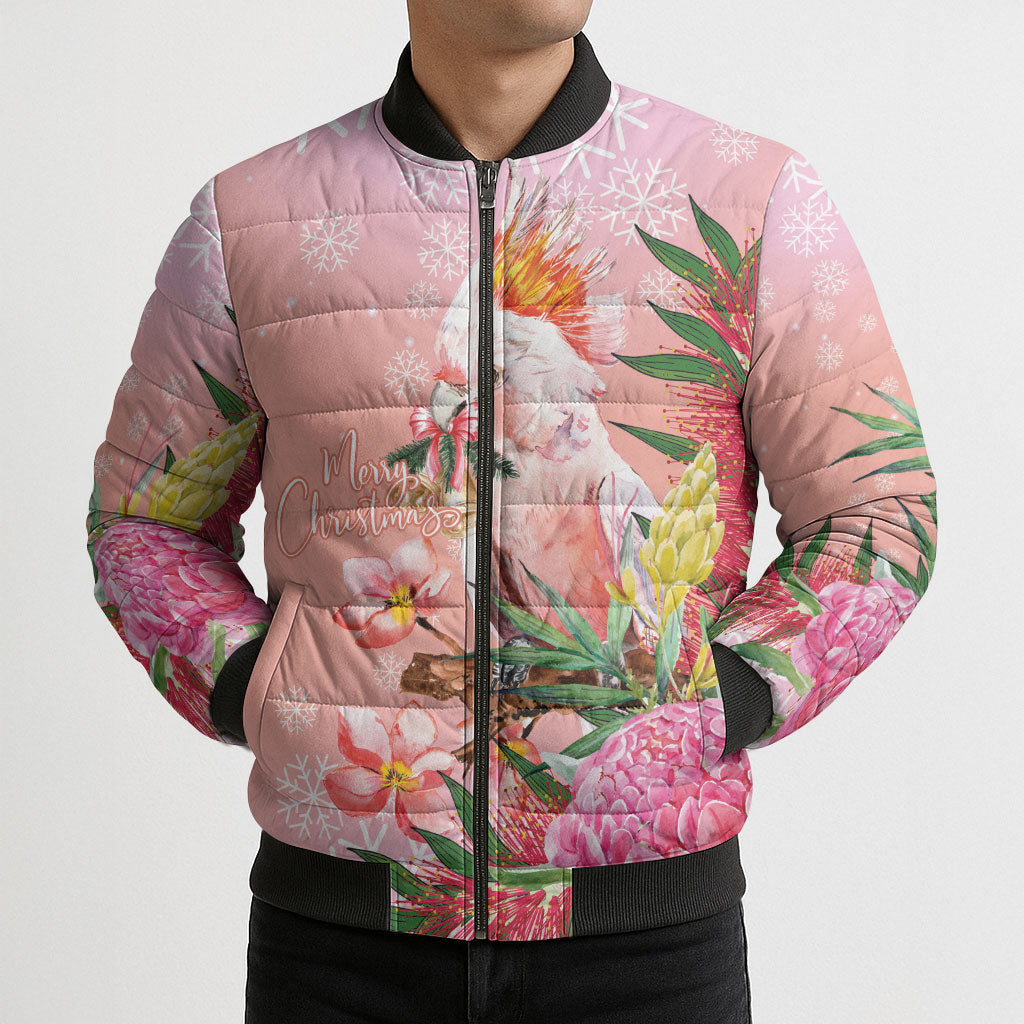 Australia Christmas Pink Cockatoo with Banksia Bomber Puffer Jacket Coral Pink