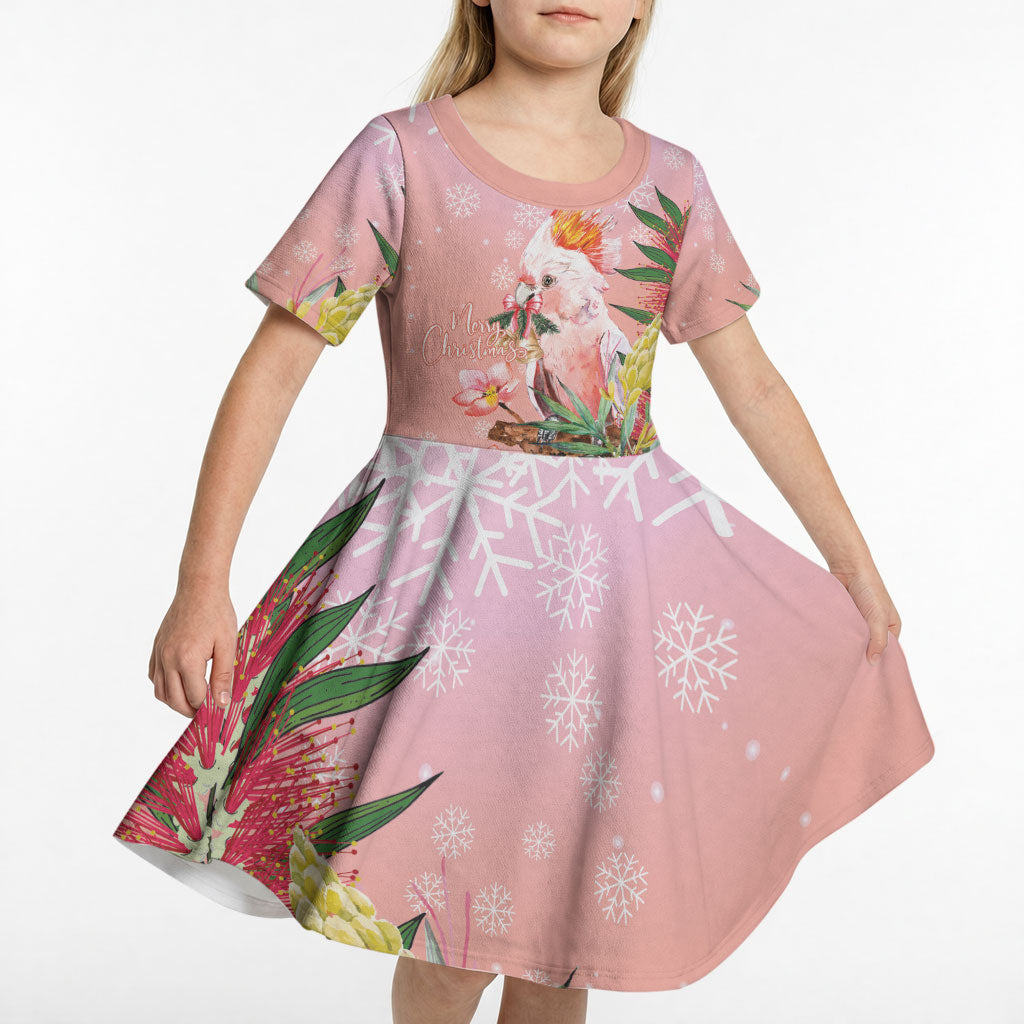 Australia Christmas Pink Cockatoo with Banksia Kid Short Sleeve Dress Coral Pink