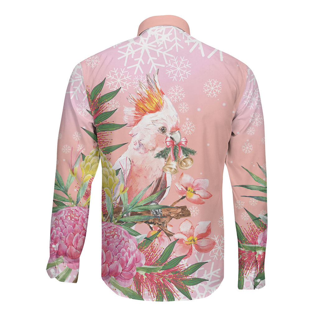 Australia Christmas Pink Cockatoo with Banksia Long Sleeve Button Shirt Coral Pink