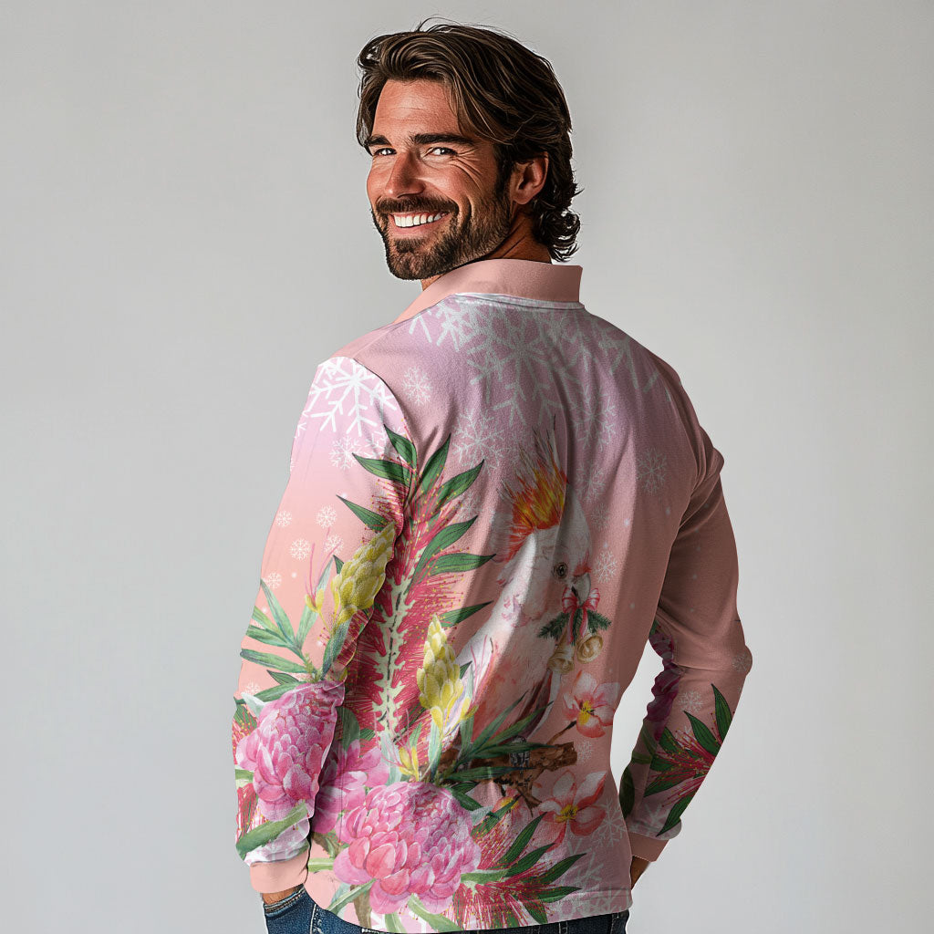 Australia Christmas Pink Cockatoo with Banksia Long Sleeve Polo Shirt Coral Pink