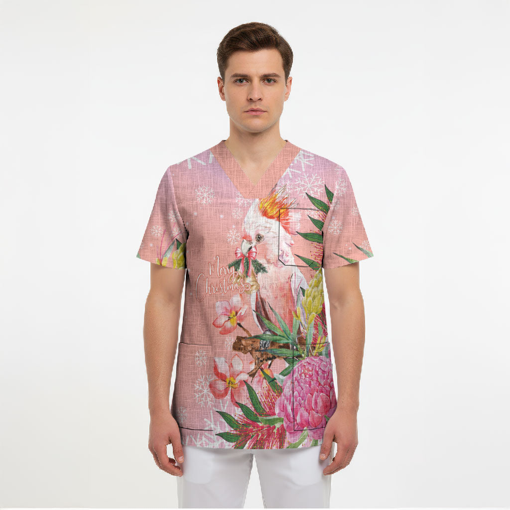 Australia Christmas Pink Cockatoo with Banksia Scrub Top Coral Pink