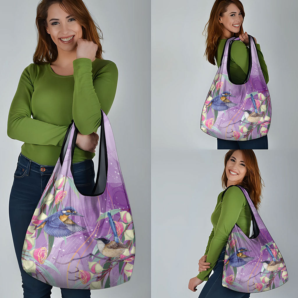 Australia Epilepsy Month Grocery Bag Purple Fairy Wren with Eucalyptus Flowers