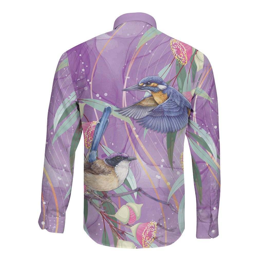 Australia Epilepsy Month Long Sleeve Button Shirt Purple Fairy Wren with Eucalyptus Flowers