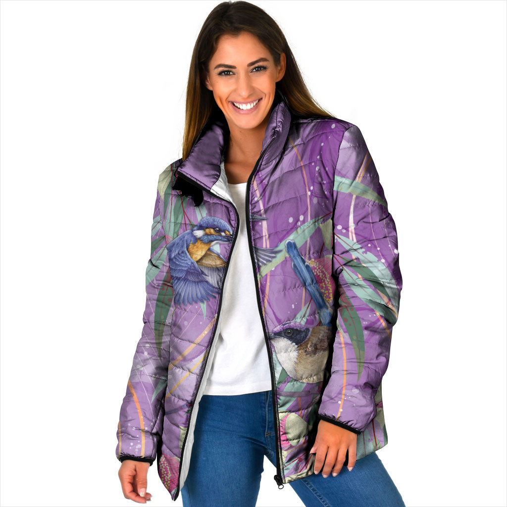 Australia Epilepsy Month Padded Jacket Purple Fairy Wren with Eucalyptus Flowers