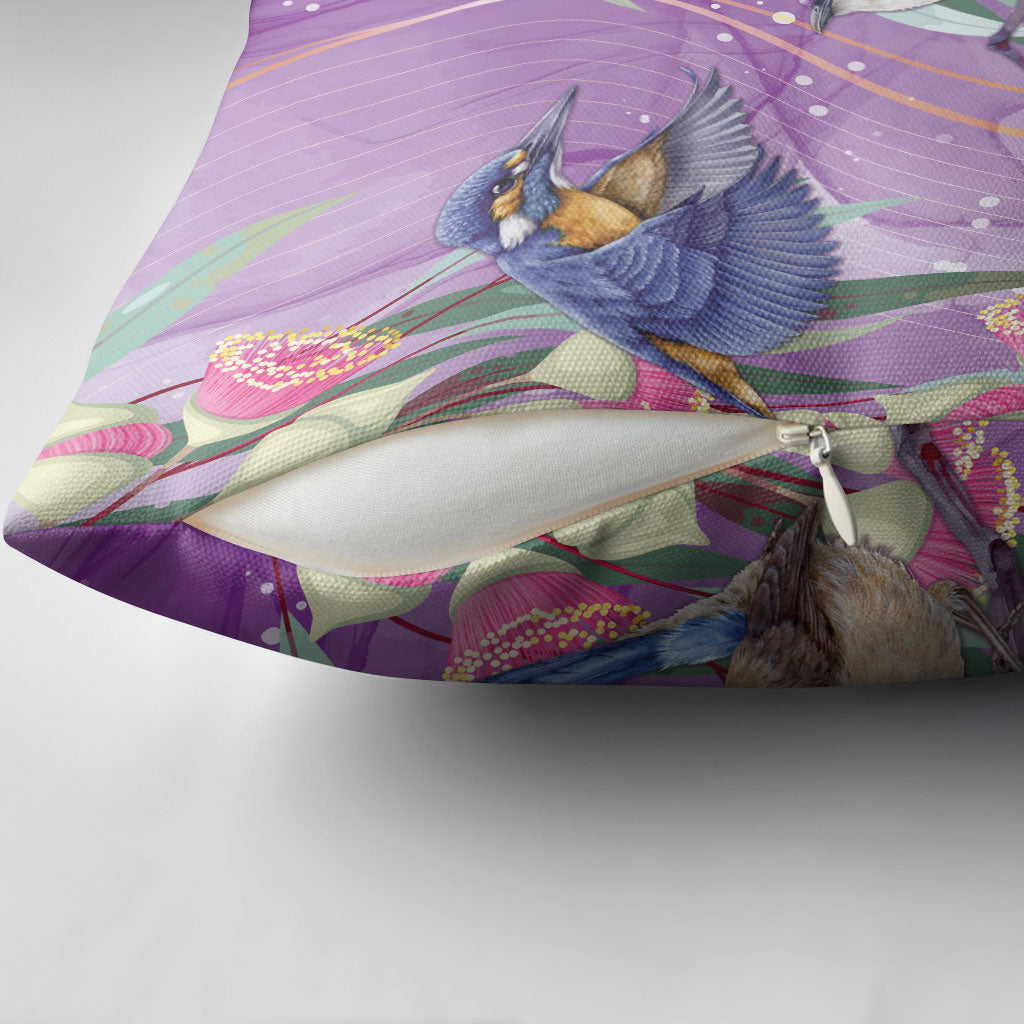 Australia Epilepsy Month Pillow Cover Purple Fairy Wren with Eucalyptus Flowers