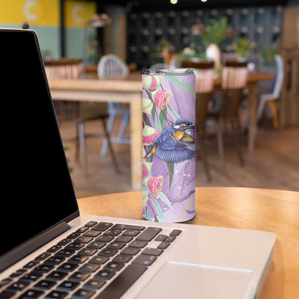 Australia Epilepsy Month Skinny Tumbler Purple Fairy Wren with Eucalyptus Flowers