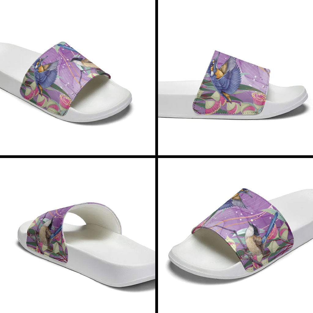 Australia Epilepsy Month Slide Sandals Purple Fairy Wren with Eucalyptus Flowers