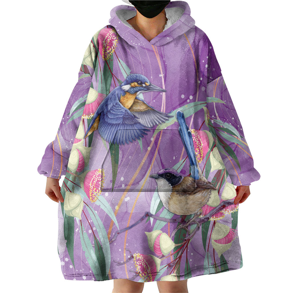 Australia Epilepsy Month Wearable Blanket Hoodie Purple Fairy Wren with Eucalyptus Flowers