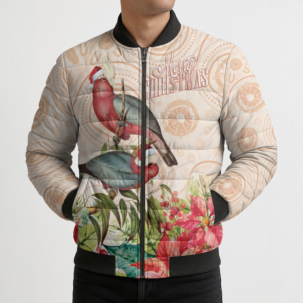 Merry Christmas Aussie Aboriginal Bomber Puffer Jacket Rosebreasted Cockatoo Pastel