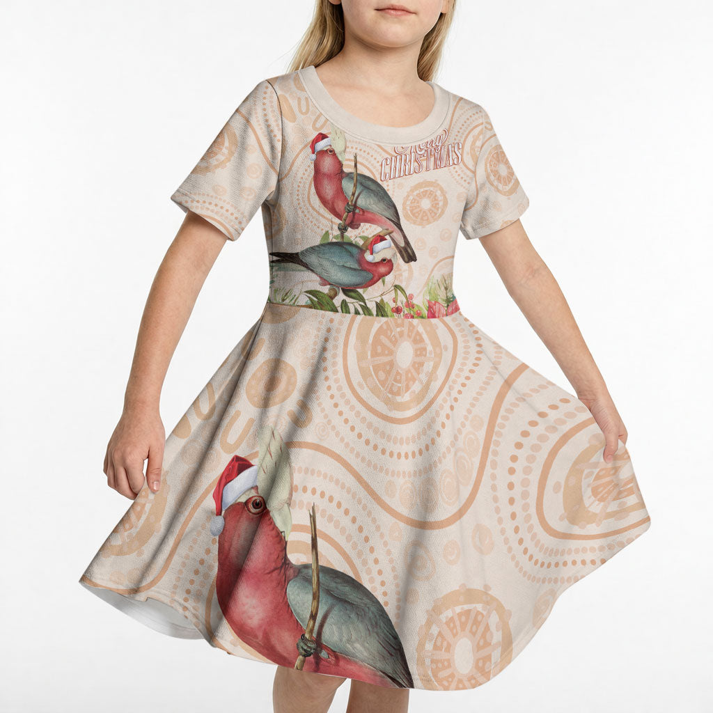 Merry Christmas Aussie Aboriginal Kid Short Sleeve Dress Rosebreasted Cockatoo Pastel