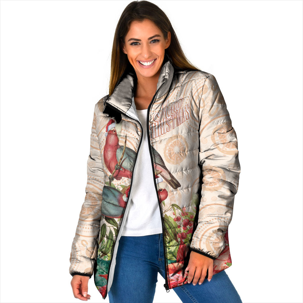 Merry Christmas Aussie Aboriginal Padded Jacket Rosebreasted Cockatoo Pastel