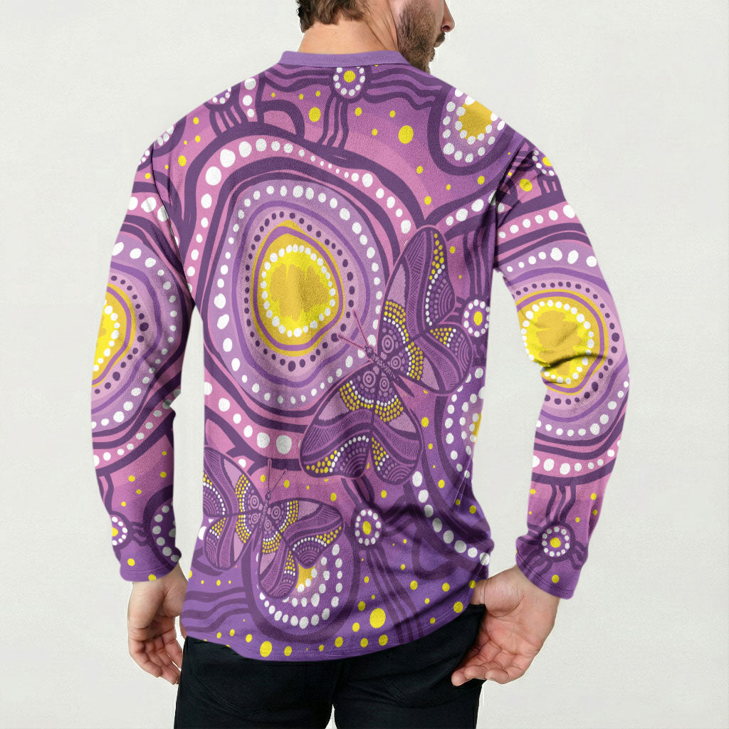 Australia Indigenous World Cancer Day Purple Aboriginal Button Sweatshirt Butterfly Ribbon