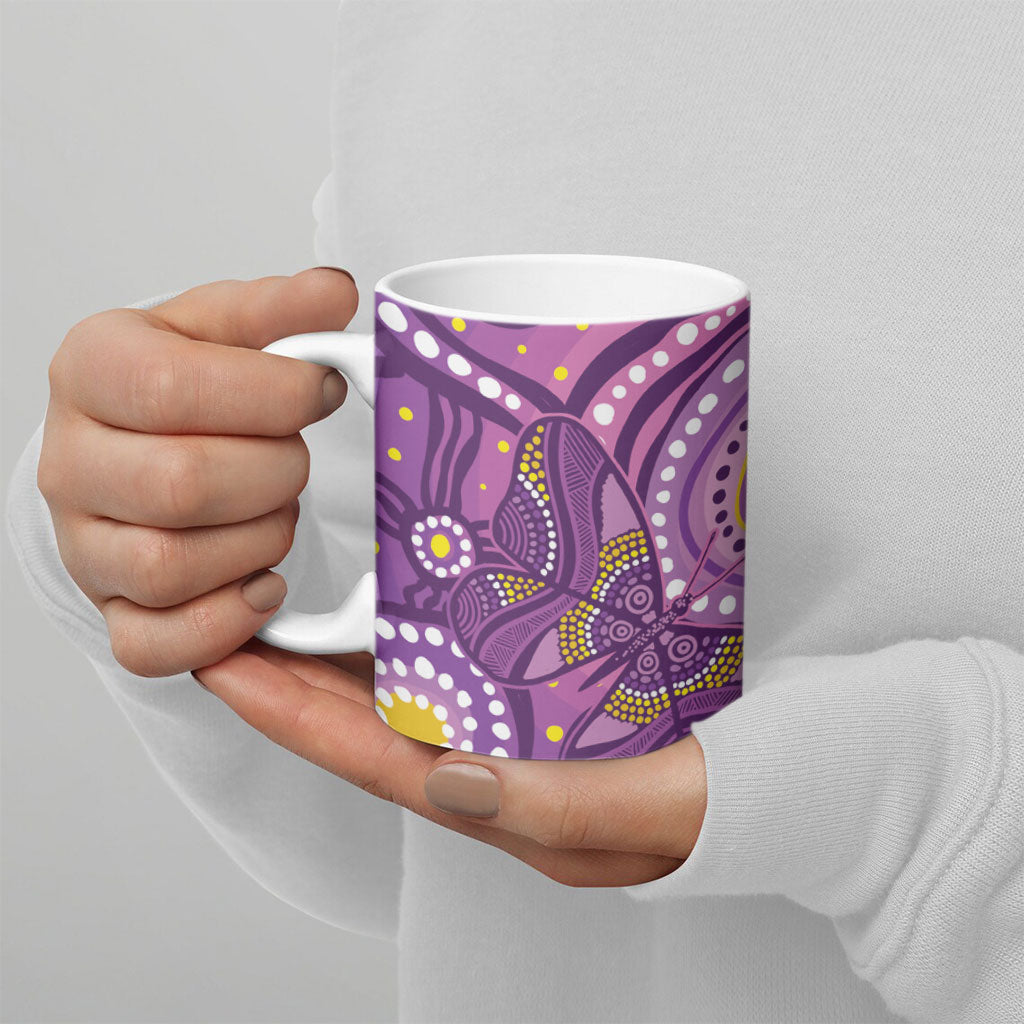 Australia Indigenous World Cancer Day Purple Aboriginal Ceramic Mug Butterfly Ribbon