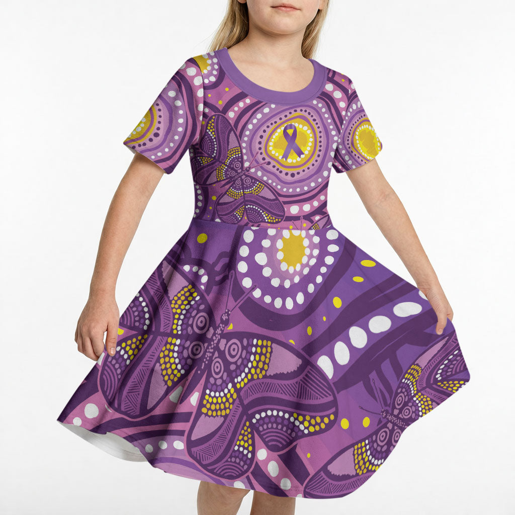 Australia Indigenous World Cancer Day Purple Aboriginal Kid Short Sleeve Dress Butterfly Ribbon
