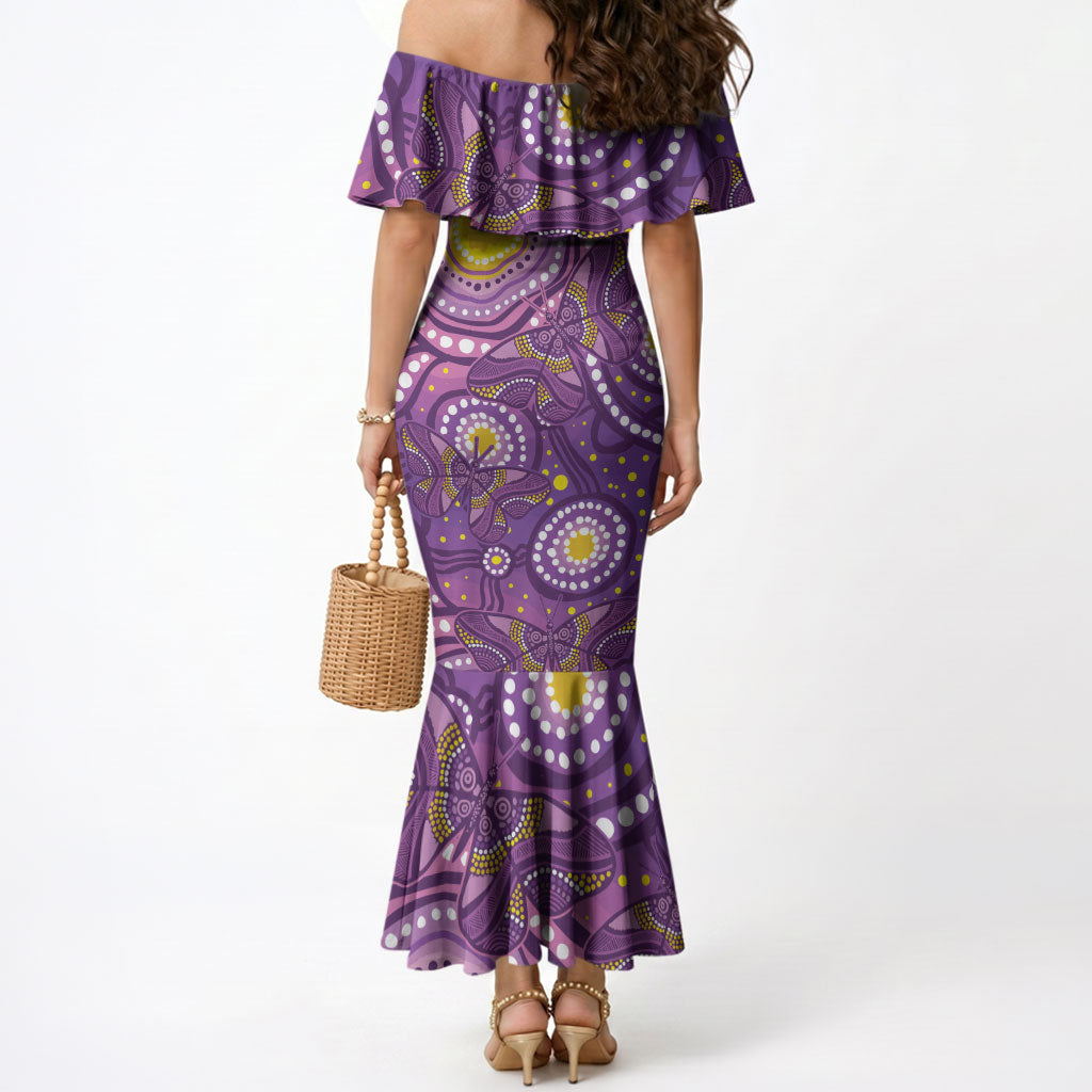 Australia Indigenous World Cancer Day Purple Aboriginal Mermaid Dress Butterfly Ribbon