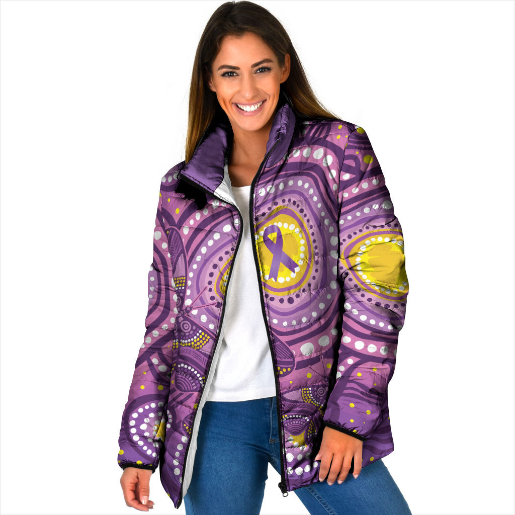 Australia Indigenous World Cancer Day Purple Aboriginal Padded Jacket Butterfly Ribbon