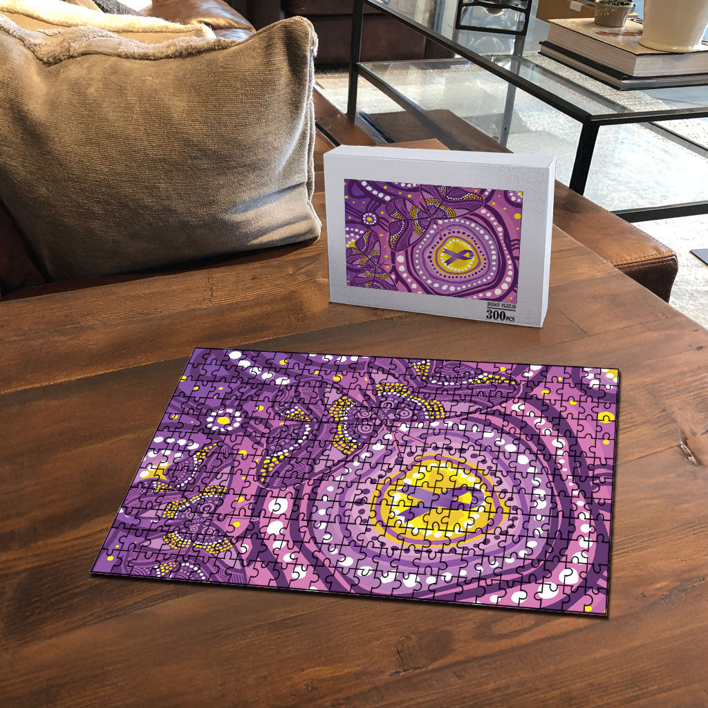 Australia Indigenous World Cancer Day Purple Aboriginal Puzzle Butterfly Ribbon