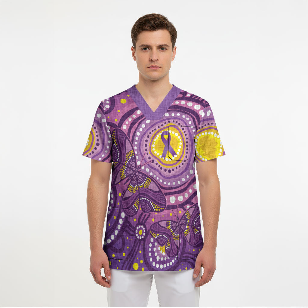 Australia Indigenous World Cancer Day Purple Aboriginal Scrub Top Butterfly Ribbon