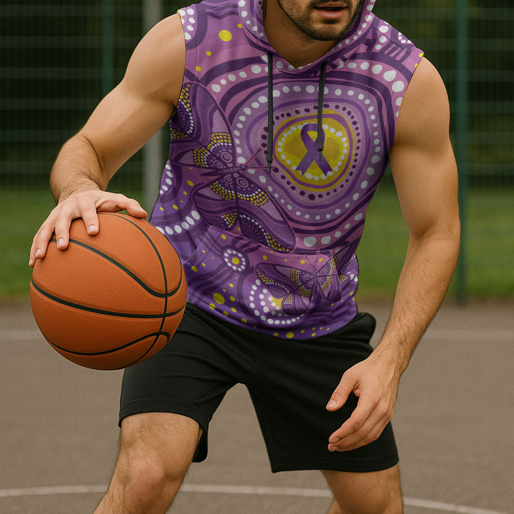 Australia Indigenous World Cancer Day Purple Aboriginal Sleeveless Hoodie Butterfly Ribbon