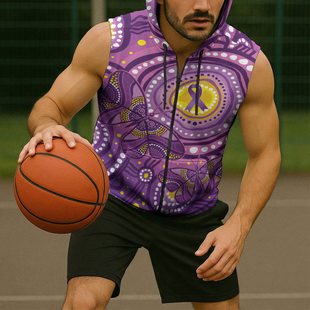 Australia Indigenous World Cancer Day Purple Aboriginal Sleeveless Zip Hoodie Butterfly Ribbon