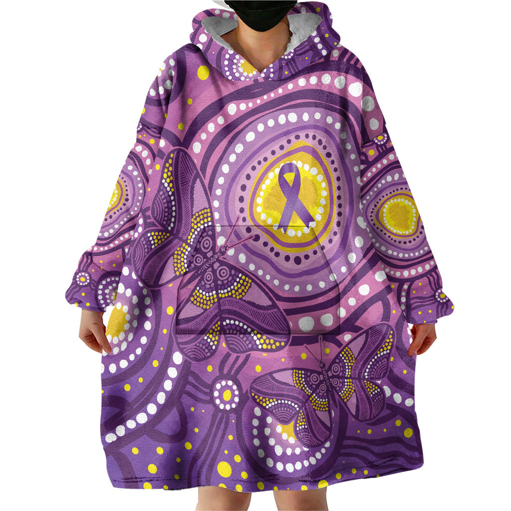 Australia Indigenous World Cancer Day Purple Aboriginal Wearable Blanket Hoodie Butterfly Ribbon