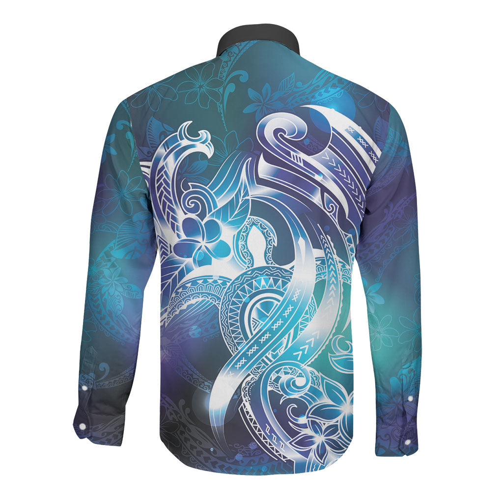 Aloha Hawaii Turtle Long Sleeve Button Shirt Teal Purple Ribbon